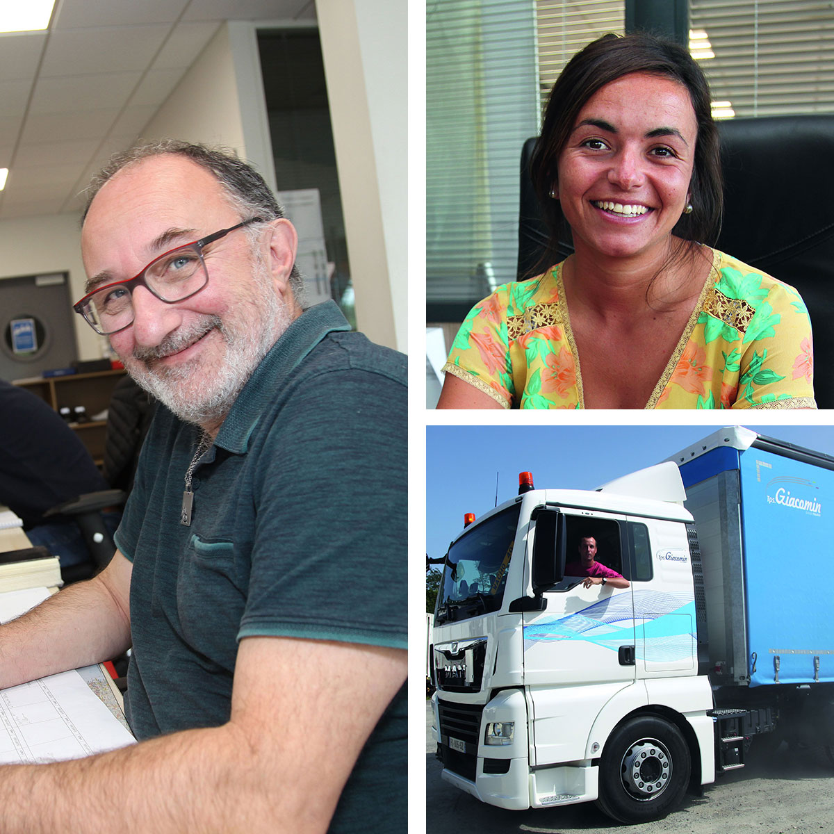 Tryptique de femmes et hommes du groupes Hautier Transports